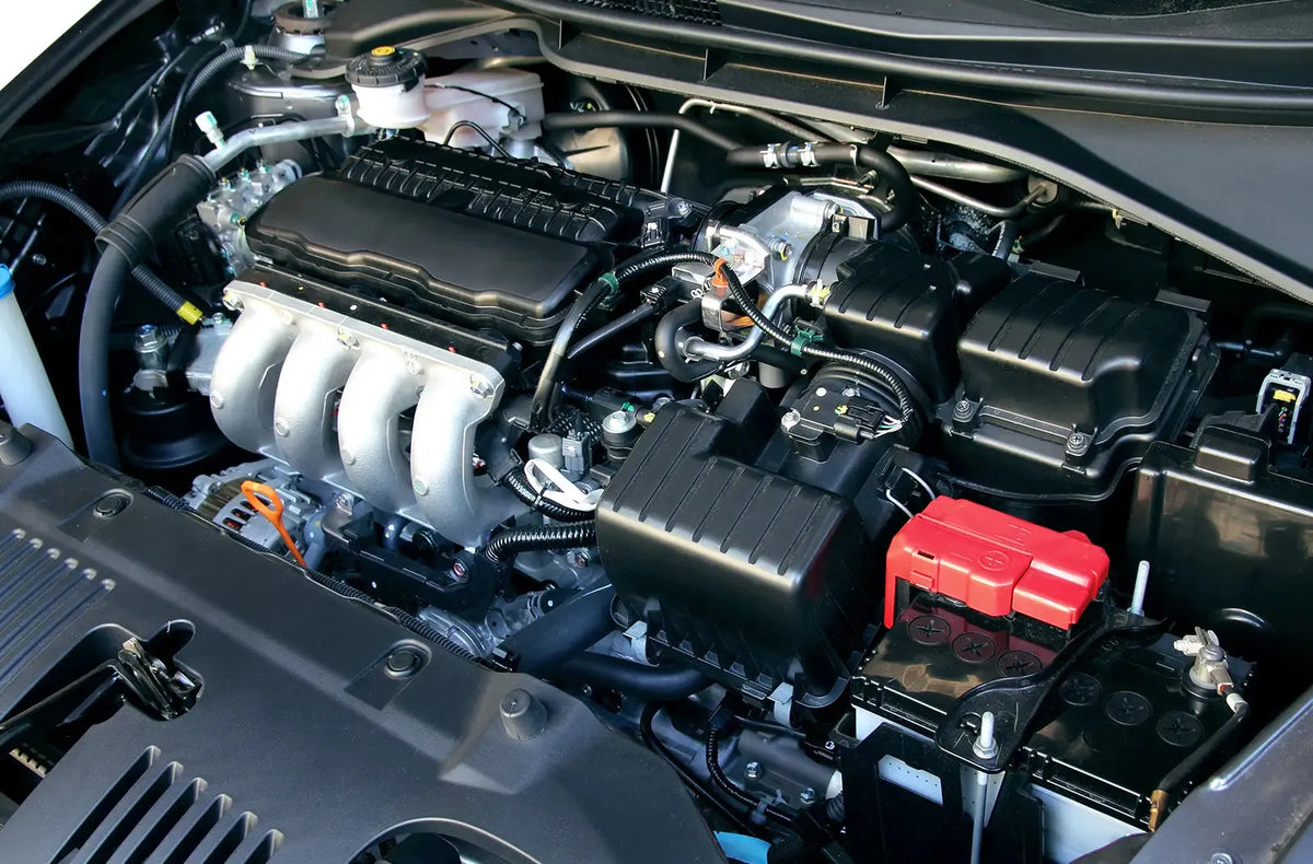 Muestra el compartimento del motor de un coche moderno sin la cubierta de plástico, revelando las bobinas de encendido, los cables de las bujías y la disposición de los componentes de la parte superior del motor.