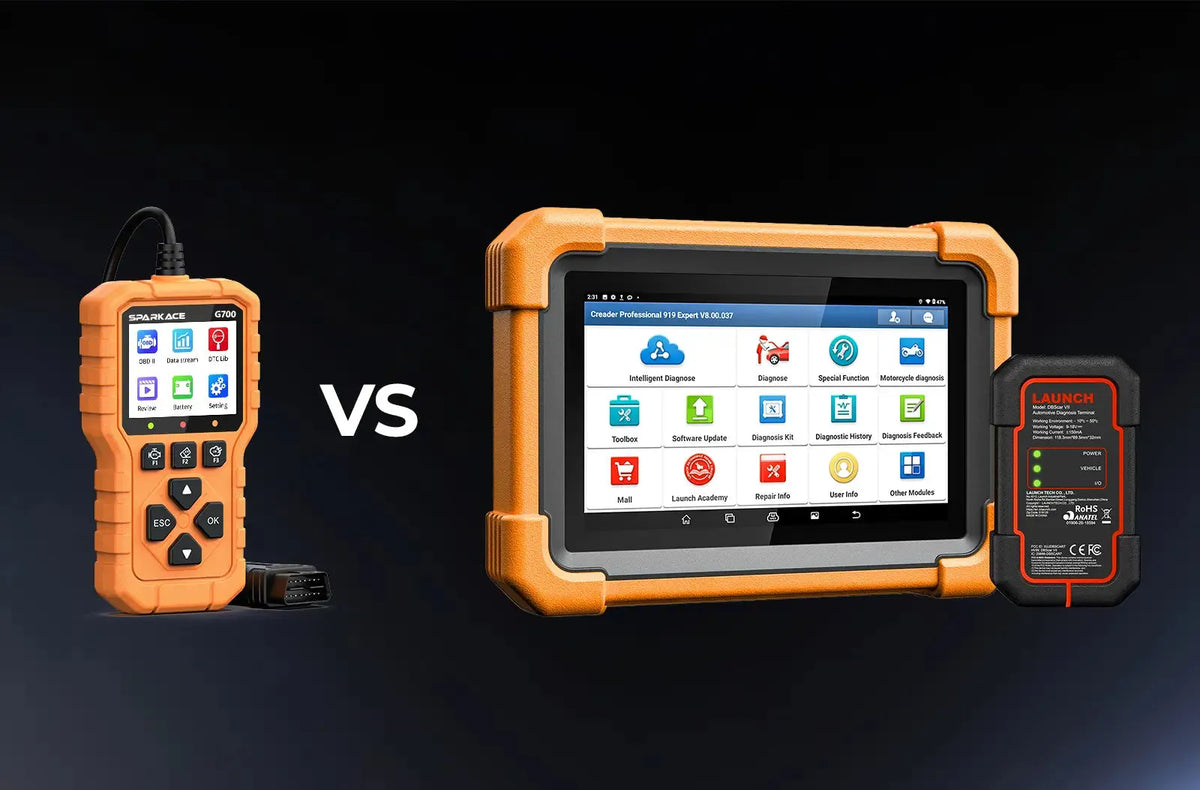 Comparativa de dos escáneres automotrices sobre fondo oscuro: a la izquierda, uno portátil más pequeño; a la derecha, una tableta LAUNCH Creader Professional 919 Expert más grande con su conector VCI inalámbrico negro.