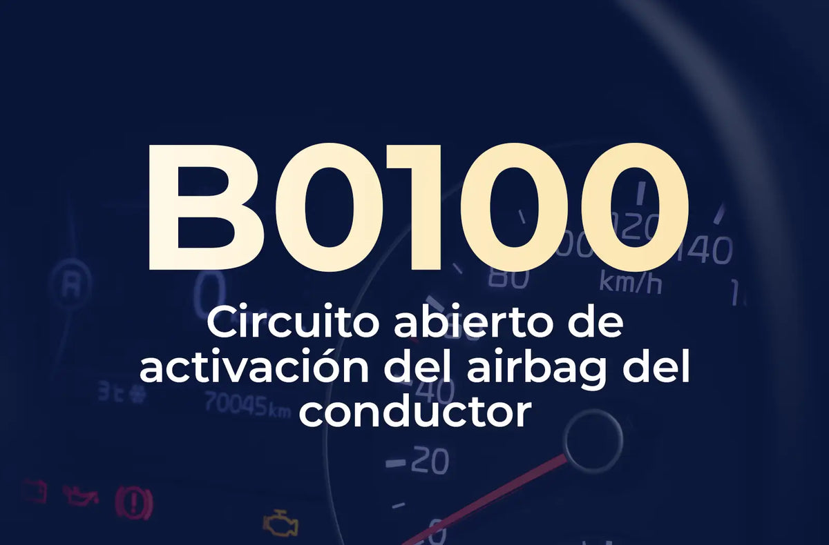 Texto grande con el código de falla "B0100" en amarillo claro y la descripción "Circuito abierto deactivación del airbag delco" en blanco debajo, sobre el fondo desenfocado en azul oscuro del panel de instrumentos del automóvil.