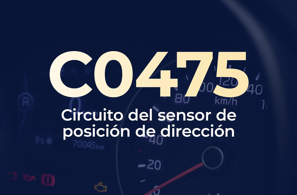 Muestra el código C0475 en amarillo y el texto "Circuito del sensor de posición de dirección" en blanco, sobre el fondo azul desenfocado del tablero del vehículo.