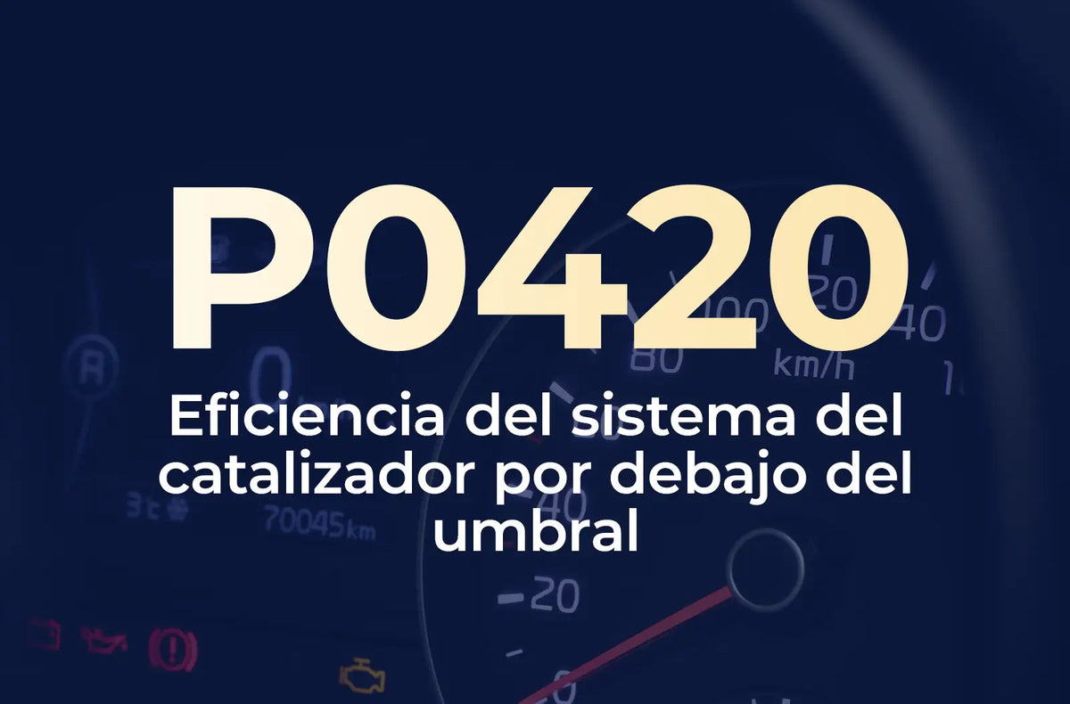 La imagen muestra el código P0420 en amarillo y el texto "Eficiencia del sistema del catalizador por debajo del umbral" en blanco, sobre el fondo azul desenfocado del tablero de un vehículo.