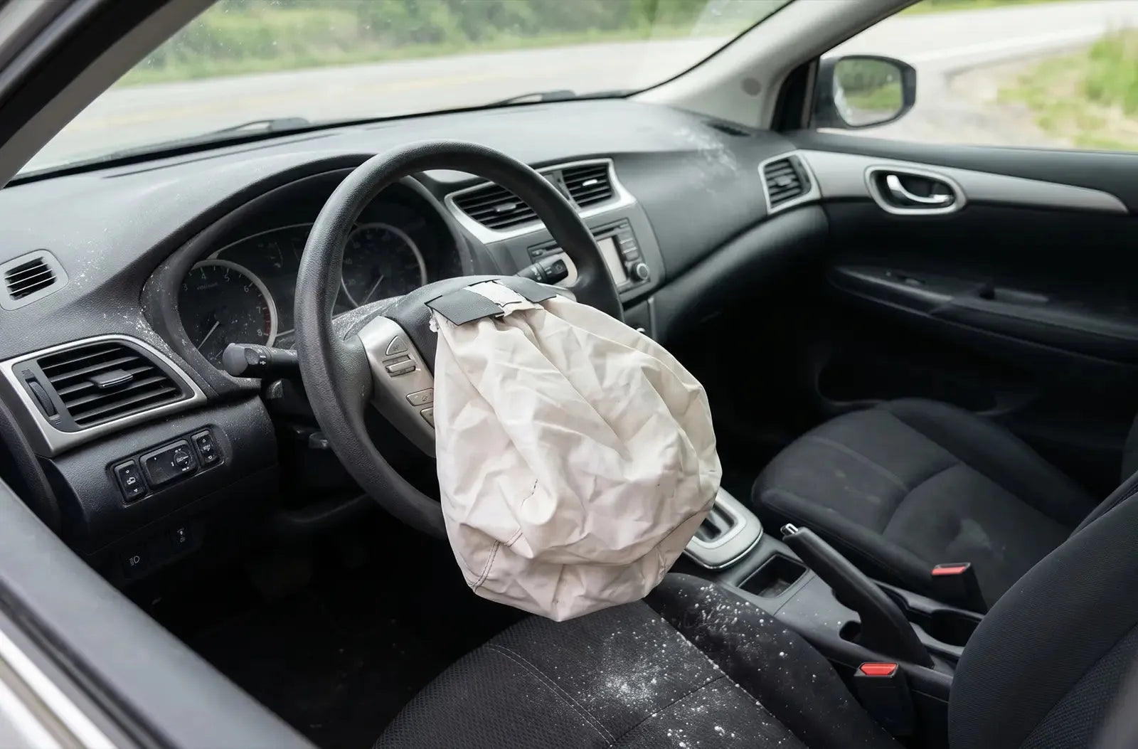 Captura el interior de un vehículo tras una colisión, mostrando el airbag blanco del conductor totalmente desplegado, con residuos de polvo sobre el volante y el tablero.