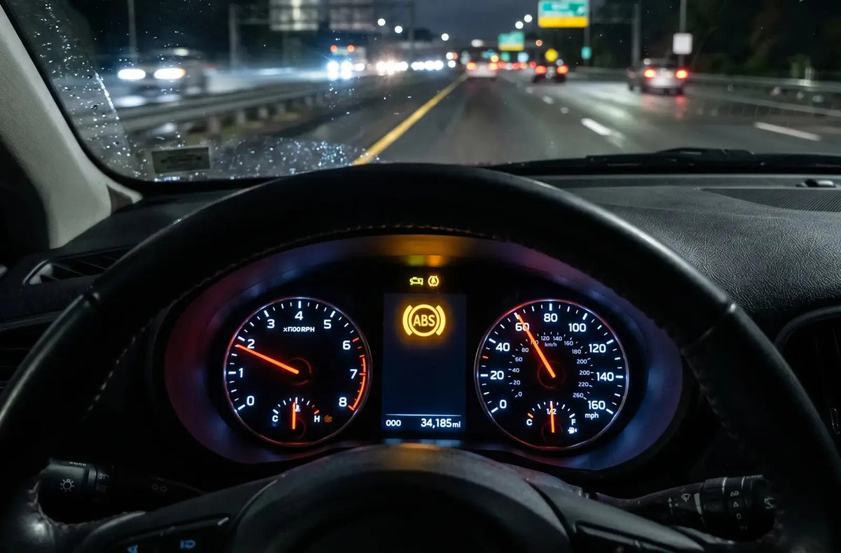 Vista del conductor desde detrás del volante de noche en una autopista mojada, destacando el testigo amarillo de advertencia "ABS" iluminado en la pantalla central del tablero.