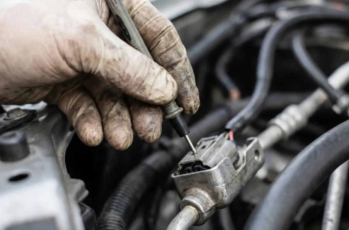 Primer plano del panel de instrumentos analógico de un coche, mostrando la aguja fluctuante del tacómetro oscilando cerca de valores bajos de RPM.