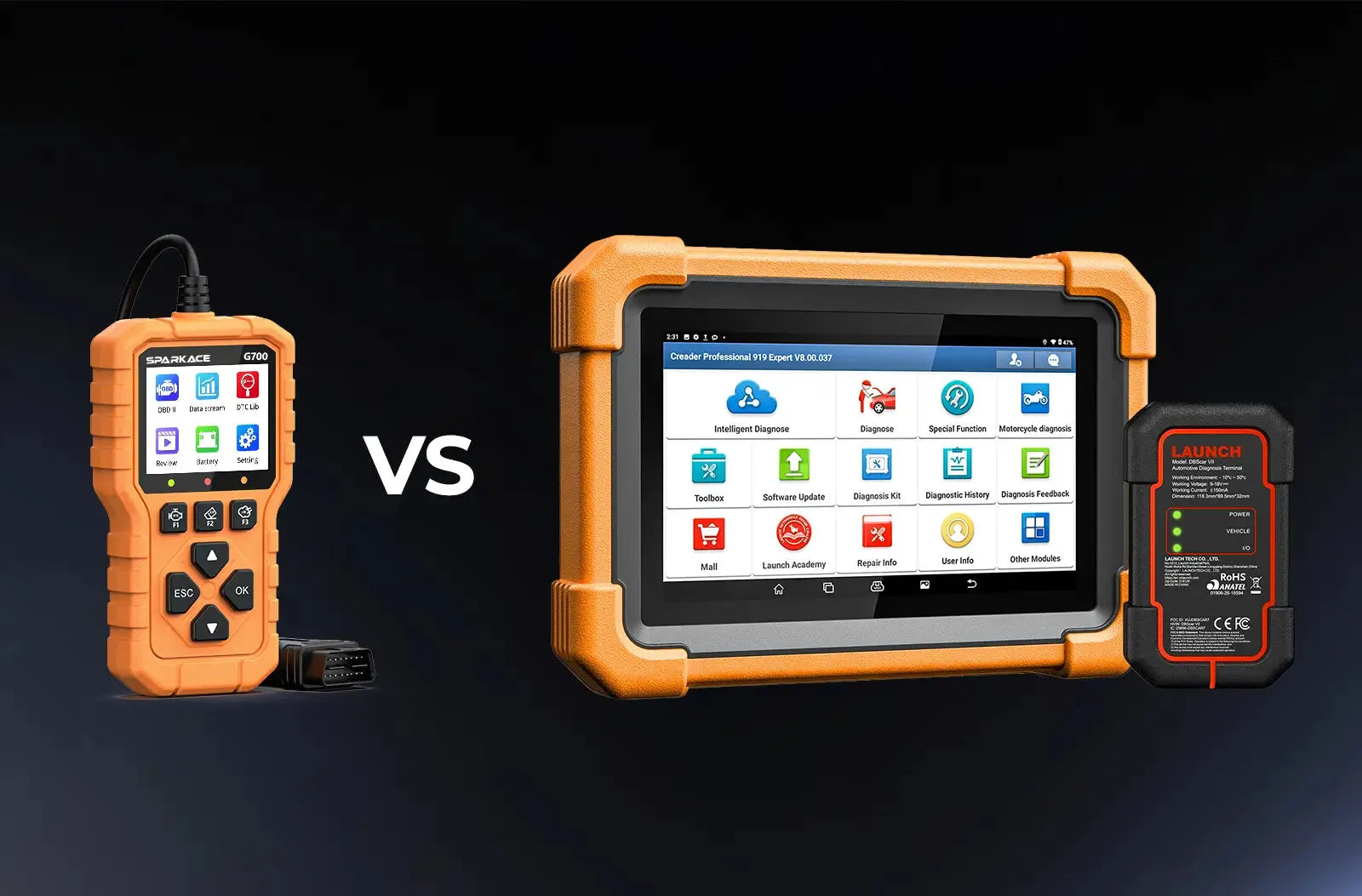 Comparativa de dos escáneres automotrices sobre fondo oscuro: a la izquierda, uno portátil más pequeño; a la derecha, una tableta LAUNCH Creader Professional 919 Expert más grande con su conector VCI inalámbrico negro.