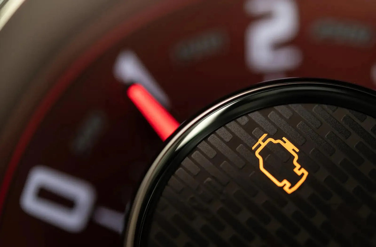 Primer plano del tablero de un vehículo, con el testigo amarillo de check engine iluminado sobre un elemento circular negro texturizado, y la aguja roja del tacómetro junto a los números desenfocados al fondo.