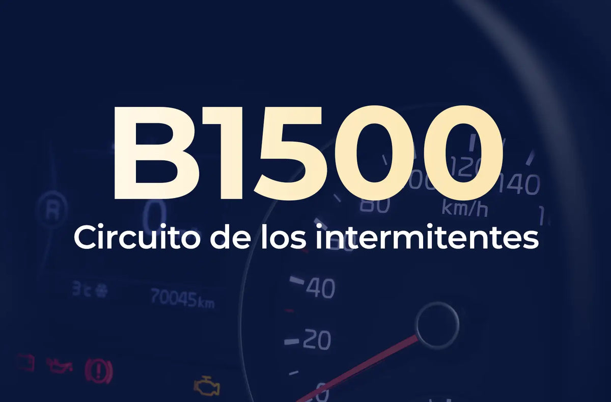 Muestra el código B1500 en amarillo y el texto "Circuito de los intermitentes" en blanco, sobre un fondo azul desenfocado del tablero del vehículo.