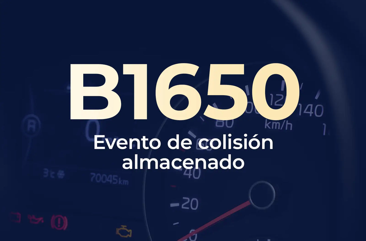 Muestra el código B1650 en amarillo y el texto "Evento de colisión almacenado" en blanco, sobre un fondo azul desenfocado del tablero del vehículo.