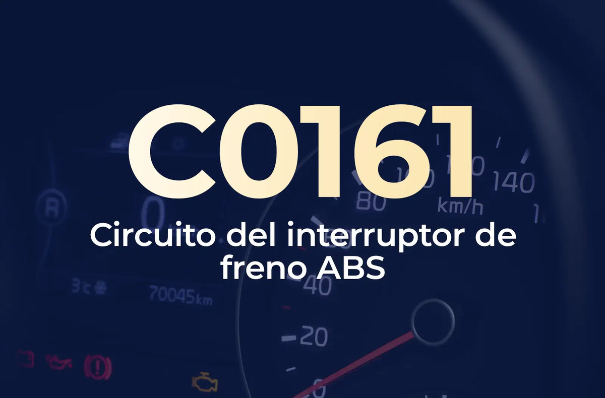 Muestra el código C0161 en amarillo y el texto "Circuito del interruptor de freno ABS" en blanco, sobre el fondo azul desenfocado del tablero del vehículo.