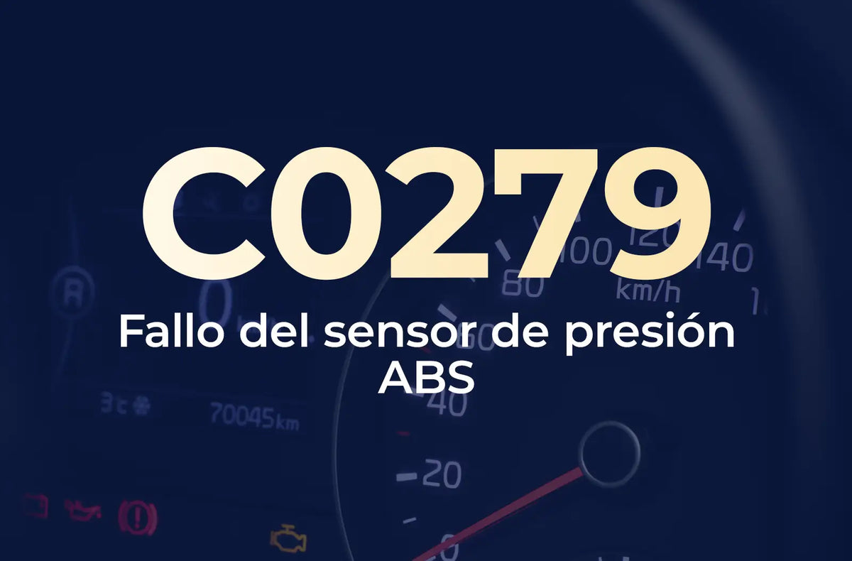 Muestra el código C0279 en amarillo y el texto "Fallo del sensor de presión ABS" en blanco, sobre el fondo azul desenfocado del tablero del vehículo.