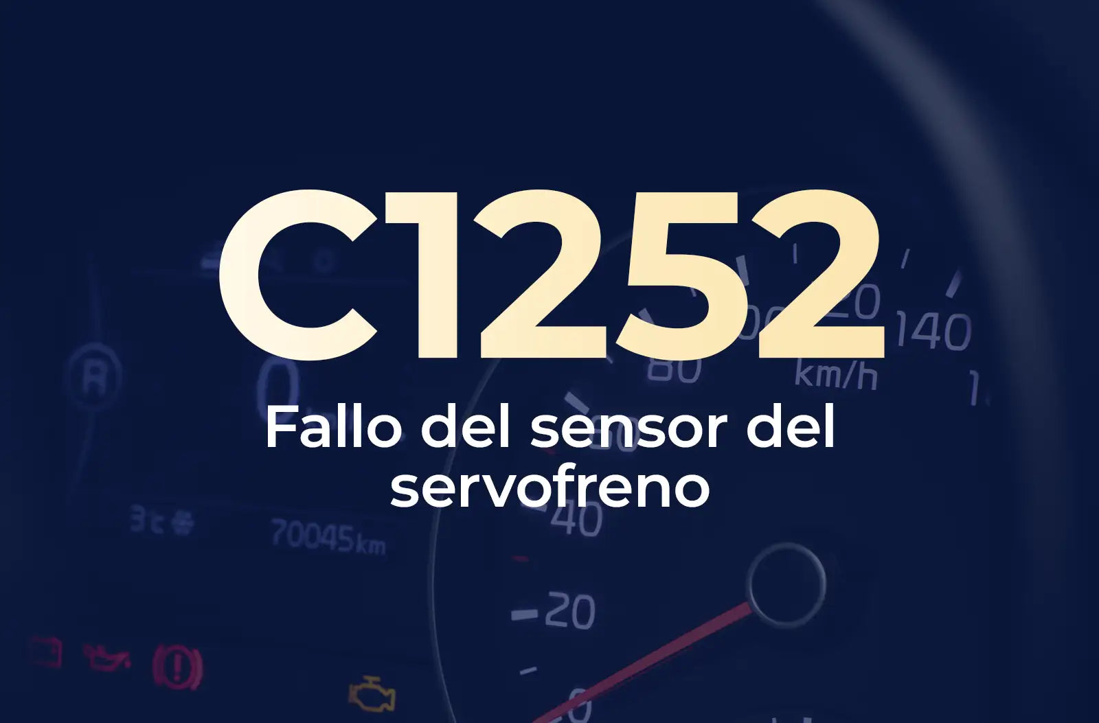 Muestra el código C1252 en amarillo y el texto "Fallo del sensor del servofreno" en blanco, sobre el fondo azul desenfocado del tablero del vehículo.