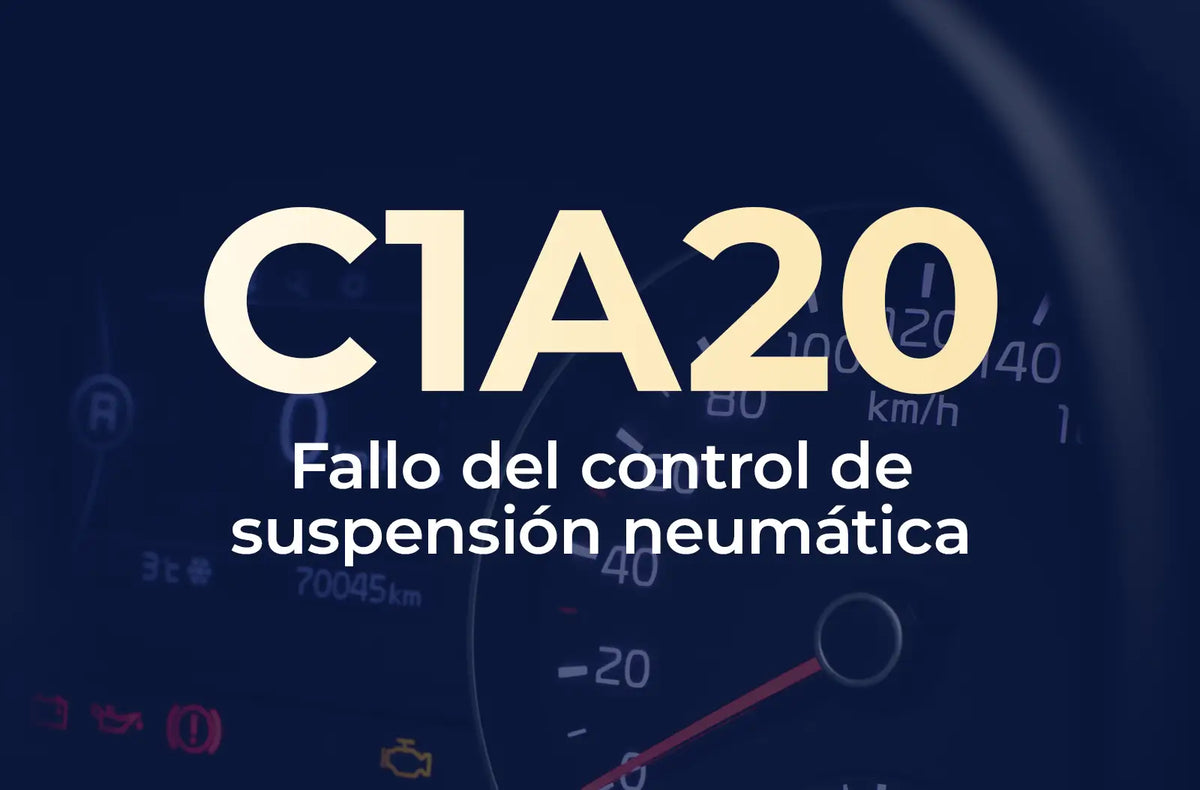 Muestra el código C1A20 en amarillo y el texto "Fallo del control de suspensión neumática" en blanco, sobre un fondo azul desenfocado del tablero del vehículo.