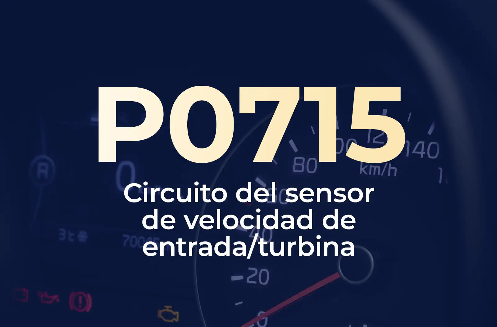 Muestra el código P0715 en amarillo y el texto "Circuito del sensor de velocidad de entrada/turbina" en blanco, sobre el fondo azul desenfocado del tablero.