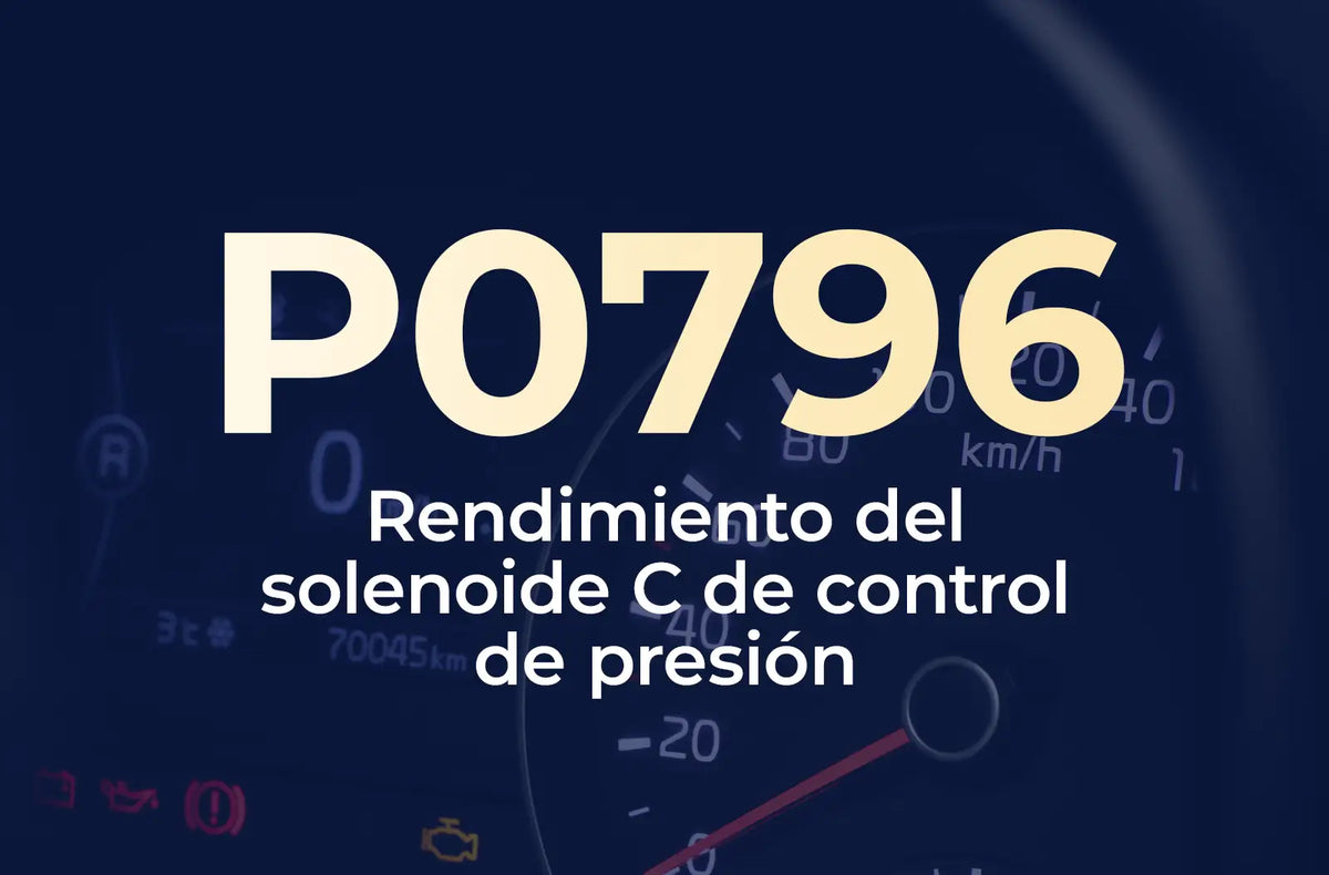 Muestra el código P0796 en amarillo y el texto "Rendimiento del solenoide C de control de presión" en blanco, sobre el fondo azul desenfocado del tablero de un vehículo.