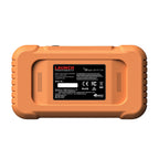 Vista trasera de una herramienta de diagnóstico LAUNCH Creader Professional 123 Advanced, con una resistente carcasa naranja de agarre texturizado. Una etiqueta negra central muestra las especificaciones técnicas, los datos del fabricante y varios logotipos de cumplimiento normativo.