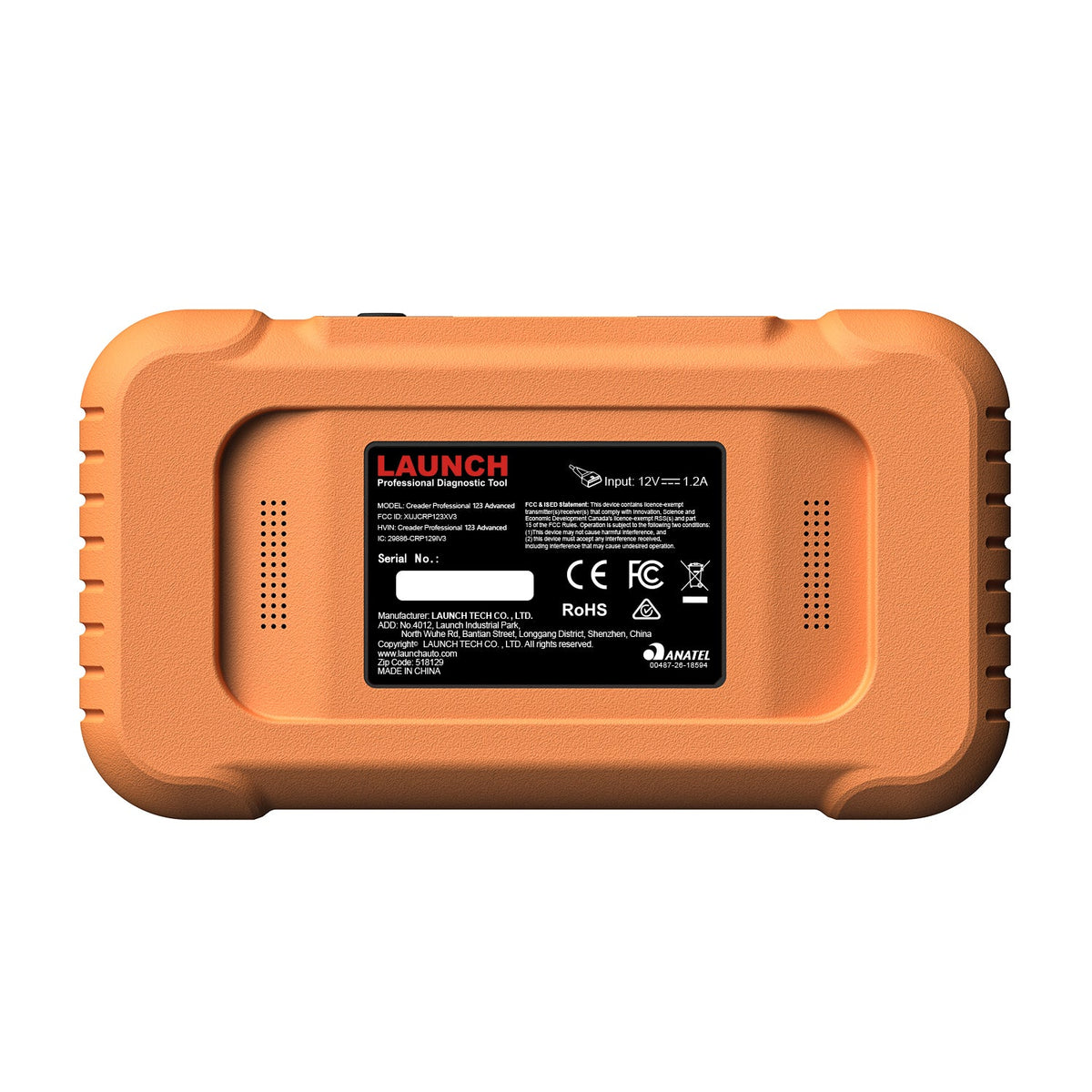 Vista trasera de una herramienta de diagnóstico LAUNCH Creader Professional 123 Advanced, con una resistente carcasa naranja de agarre texturizado. Una etiqueta negra central muestra las especificaciones técnicas, los datos del fabricante y varios logotipos de cumplimiento normativo.