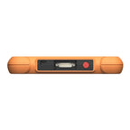 the top edge of a rugged orange device, featuring a USB-C port, a multi-pin serial connector, and a red circular power button. The textured casing includes recessed areas to protect these connection ports from damage.