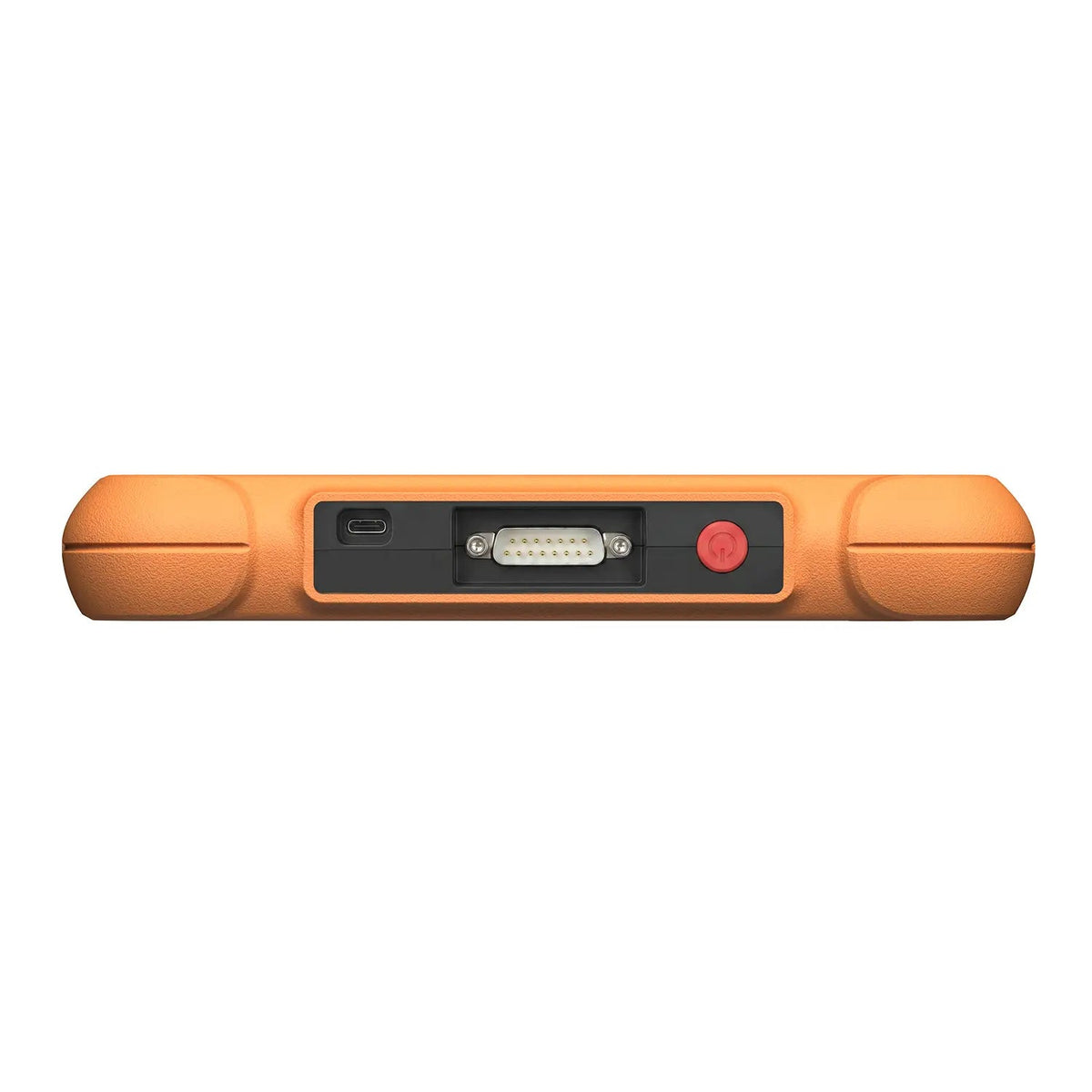 the top edge of a rugged orange device, featuring a USB-C port, a multi-pin serial connector, and a red circular power button. The textured casing includes recessed areas to protect these connection ports from damage.