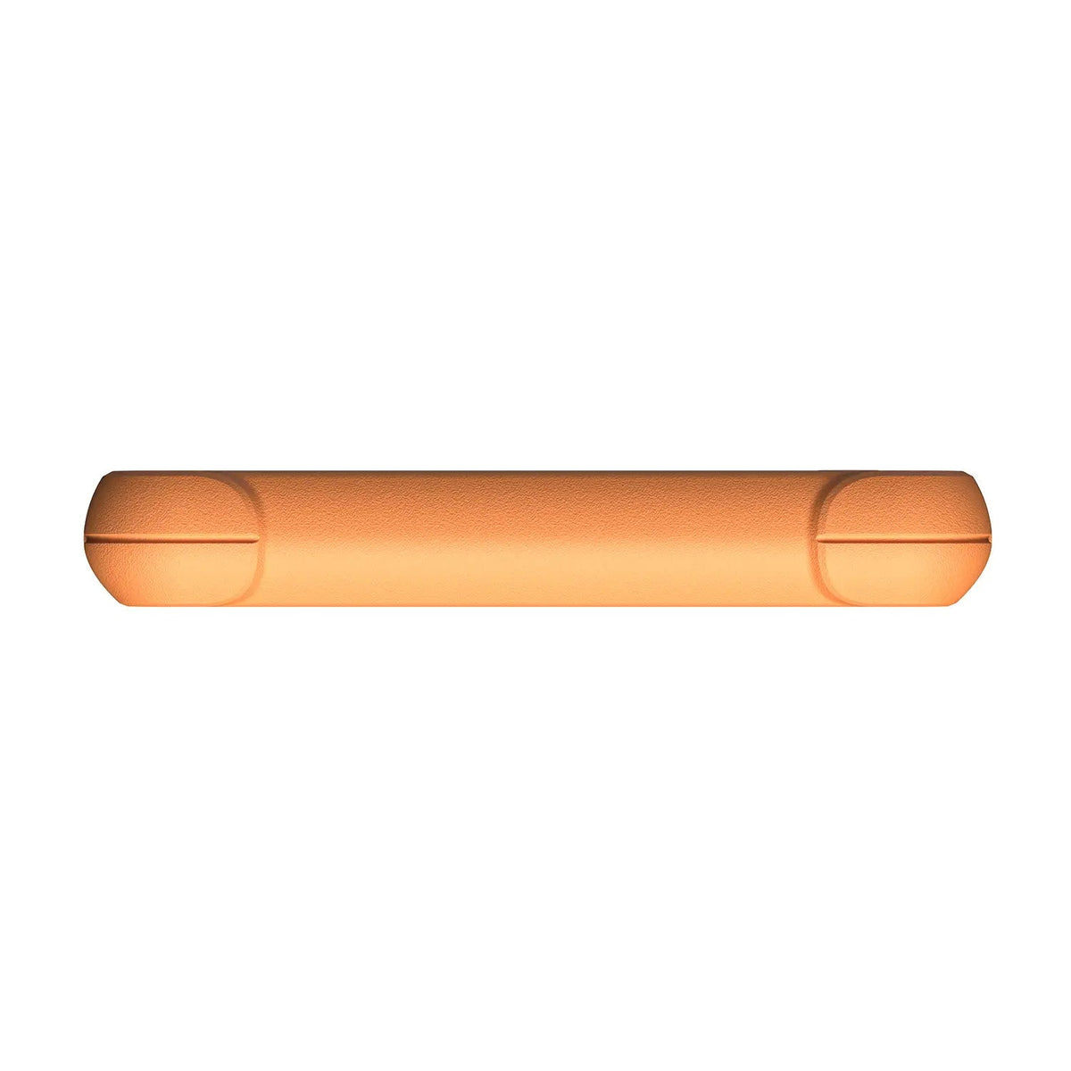 El borde inferior de un resistente dispositivo naranja, con una carcasa protectora sólida y texturizada, sin puertos visibles.