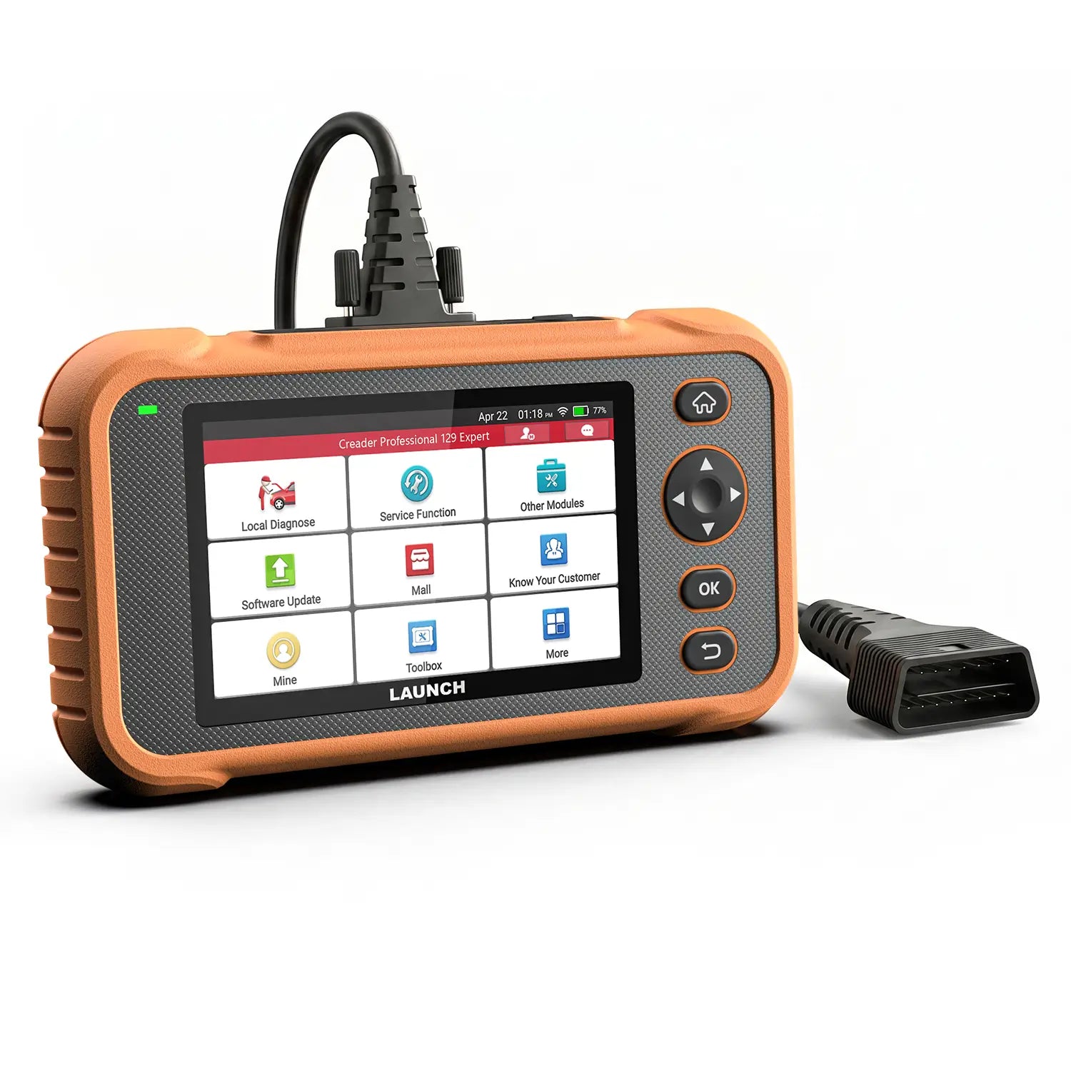 Una tableta de diagnóstico LAUNCH Creader Professional 129 Expert con una resistente carcasa naranja y negra y una pantalla táctil a color. Incluye un cable negro grueso conectado a un conector OBD II estándar de 16 pines para la comunicación con el vehículo.