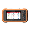 a LAUNCH Creader Professional 129 Expert diagnostic scanner with a rugged orange and black protective casing. The device features a color touchscreen displaying its main menu alongside physical navigation buttons, including a directional pad and an OK button.