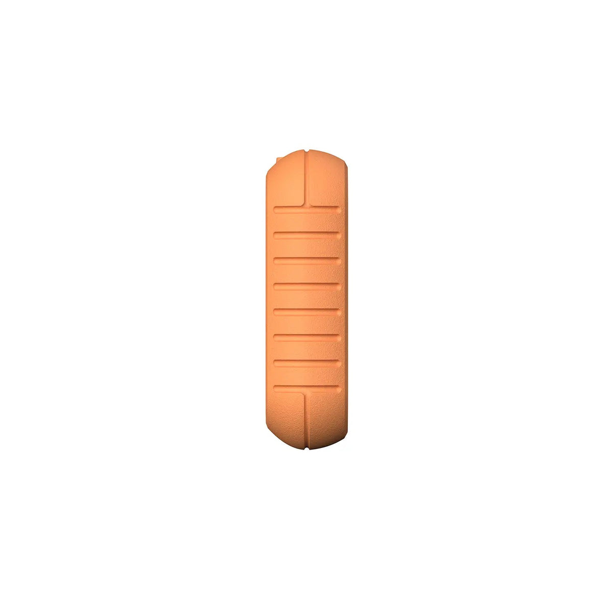 the side profile of a rugged orange device casing, featuring a textured surface with horizontal ridges for an anti-slip grip.