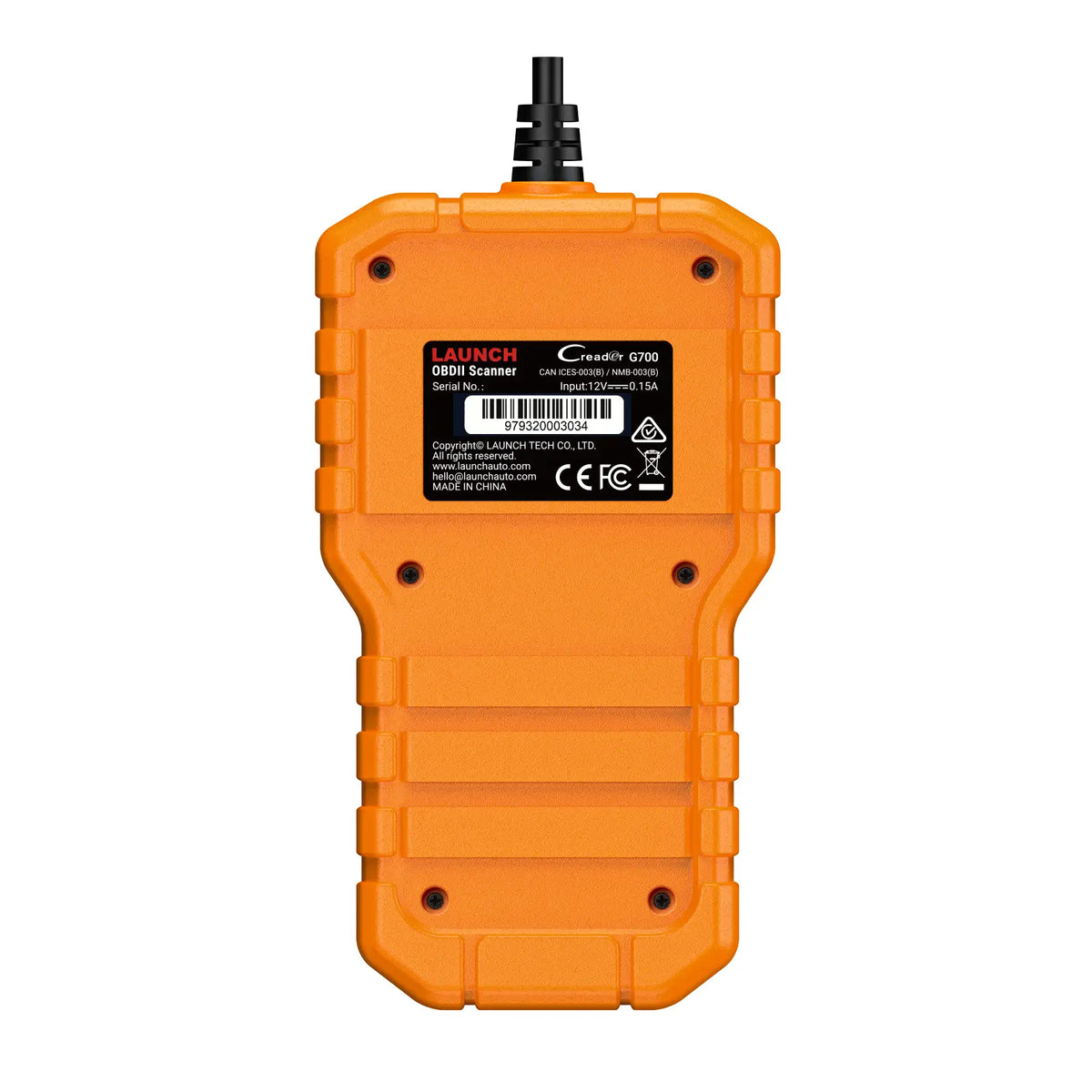 Vista trasera del escáner OBDII LAUNCH Creader G700, con una resistente carcasa protectora naranja, cable integrado y etiqueta central con información del producto y certificaciones.