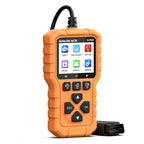 La imagen muestra un escáner de diagnóstico automotriz portátil Sparkace G700 de color naranja sobre un fondo blanco aislado, equipado con una pantalla a color encendida que despliega el menú principal con opciones como OBD II, Data stream y Battery, además de un teclado físico con botones de navegación, teclas de función rápida y su correspondiente cable conector OBD2 de 16 pines colocado a un costado.