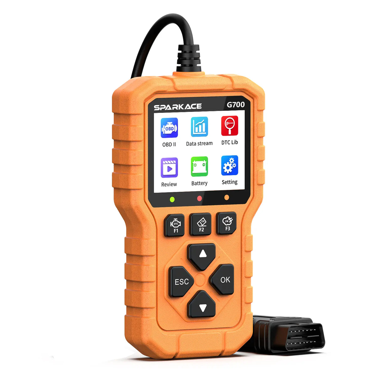 La imagen muestra un escáner de diagnóstico automotriz portátil Sparkace G700 de color naranja sobre un fondo blanco aislado, equipado con una pantalla a color encendida que despliega el menú principal con opciones como OBD II, Data stream y Battery, además de un teclado físico con botones de navegación, teclas de función rápida y su correspondiente cable conector OBD2 de 16 pines colocado a un costado.