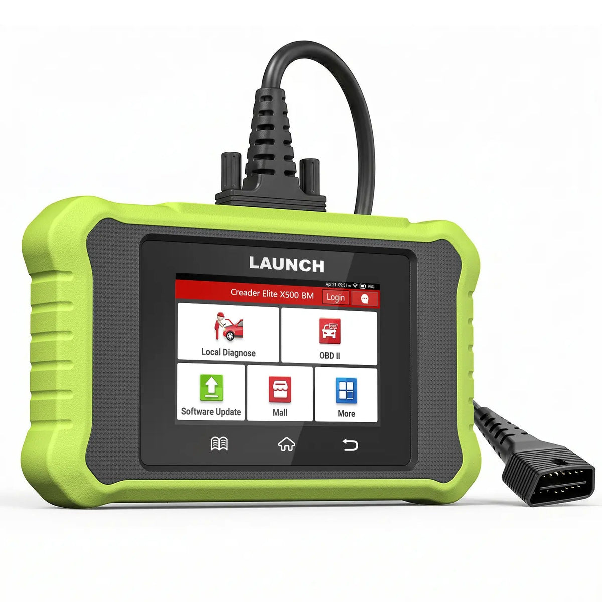 Una tableta de diagnóstico LAUNCH Creader Elite X500 BM con una resistente carcasa protectora verde lima y una pantalla táctil a color. Incluye un cable negro grueso conectado a un conector OBD II estándar de 16 pines para la interfaz con el vehículo.