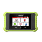 Una tableta de diagnóstico LAUNCH Creader Elite X500 BM con una resistente carcasa protectora verde lima y una pantalla táctil a color. La pantalla muestra varios iconos del menú de diagnóstico, incluidos Diagnóstico local, OBD II y Actualización de software.