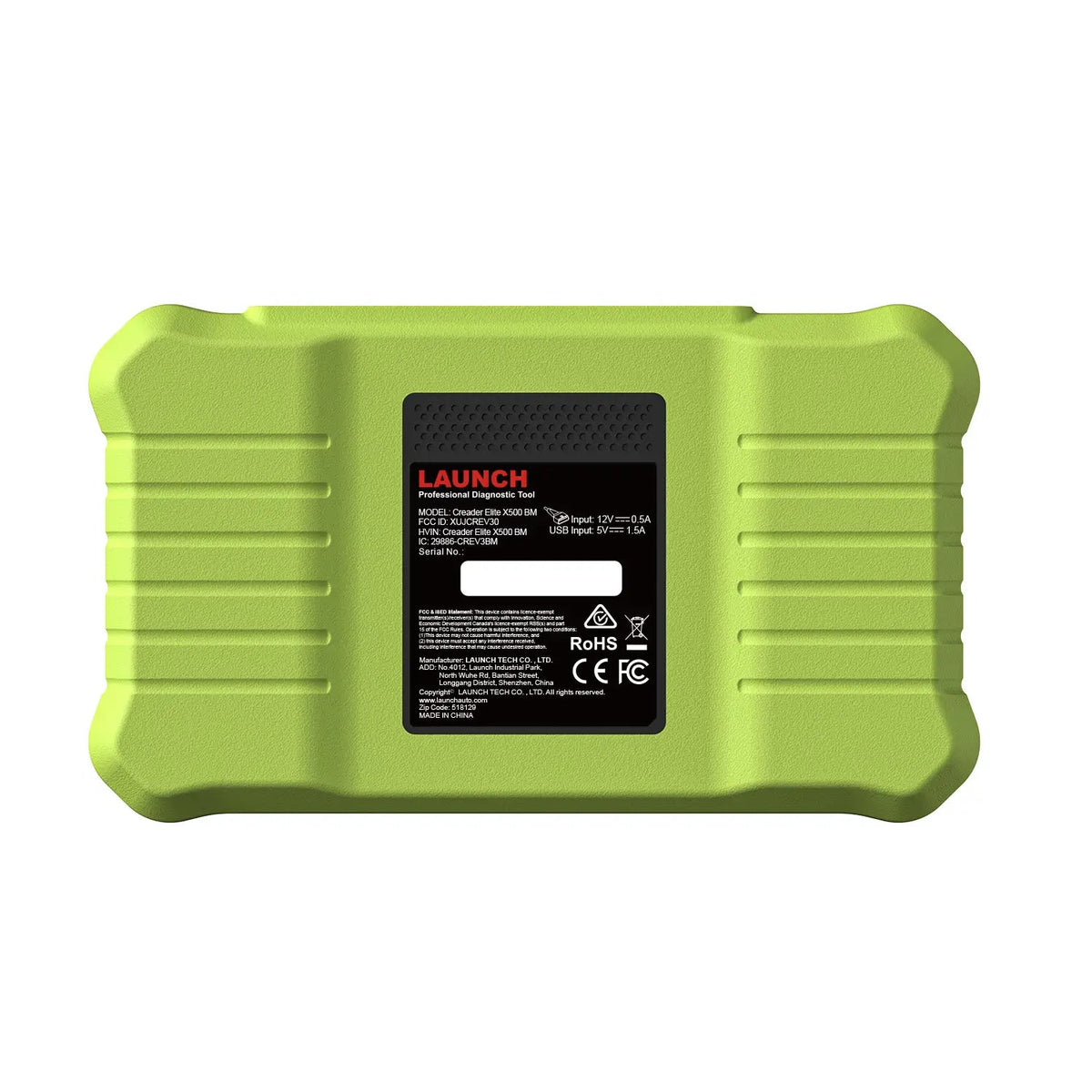 La vista trasera de una herramienta de diagnóstico LAUNCH Creader Elite X500 BM en color verde lima, con una carcasa resistente y texturizada. Incluye una etiqueta negra central con las especificaciones del producto, los datos del fabricante y varios logotipos de certificación reglamentaria.