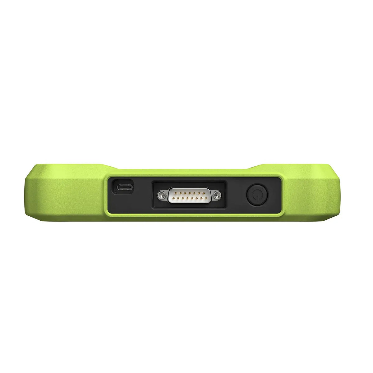 El borde superior de un dispositivo verde lima, con un puerto USB-C, un conector serie multipin y un botón de encendido circular. La resistente carcasa presenta un acabado texturizado y zonas hundidas que protegen los puertos de conexión.