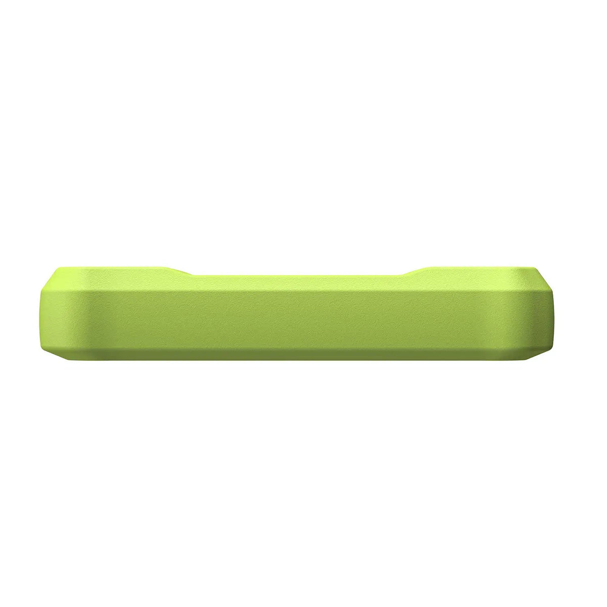 El borde inferior de un dispositivo verde lima, con una carcasa sólida y texturizada de diseño resistente y protector. Desde esta perspectiva, la superficie es lisa y no presenta puertos ni botones visibles.