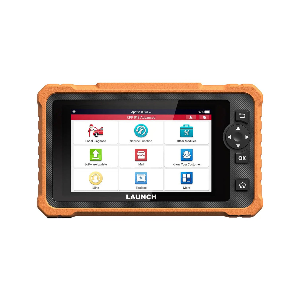 Un escáner de diagnóstico LAUNCH CRP 919 Advanced con una resistente carcasa protectora naranja y negra. El dispositivo cuenta con una pantalla táctil a color que muestra el menú principal, además de botones físicos de navegación, incluidos un pad direccional, un botón OK y un botón de inicio.