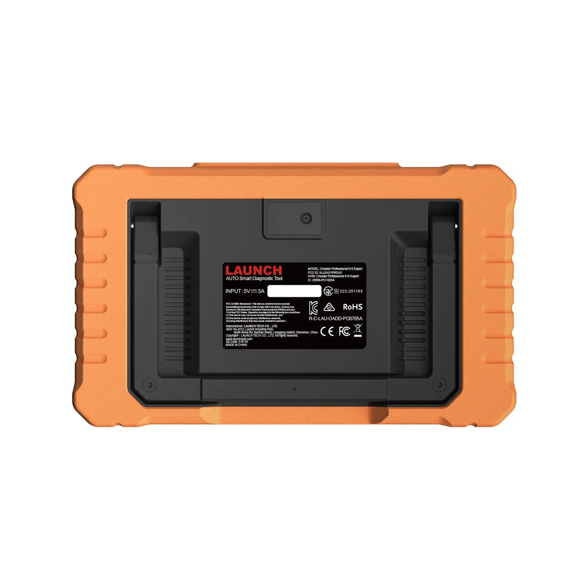 La vista trasera de una herramienta de diagnóstico LAUNCH Creader Professional 919 Advanced, con una resistente carcasa protectora naranja y una cámara integrada. Incluye una etiqueta negra central con las especificaciones del producto y los logotipos reglamentarios, además de un soporte plegable para usar el dispositivo sin sujetarlo.
