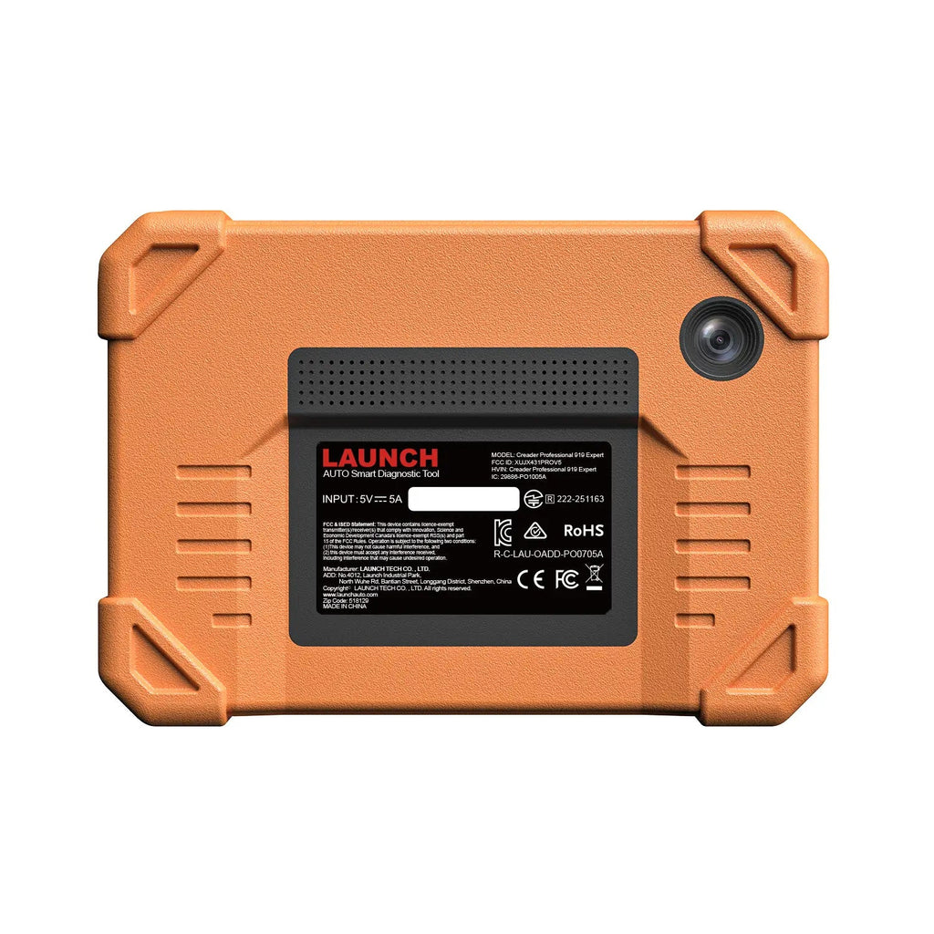 LAUNCH Creader Professional 919 Expert diagnostic tool, featuring a rugged orange protective casing and a built-in camera lens. It includes a central black label with product specifications and regulatory certification logos.